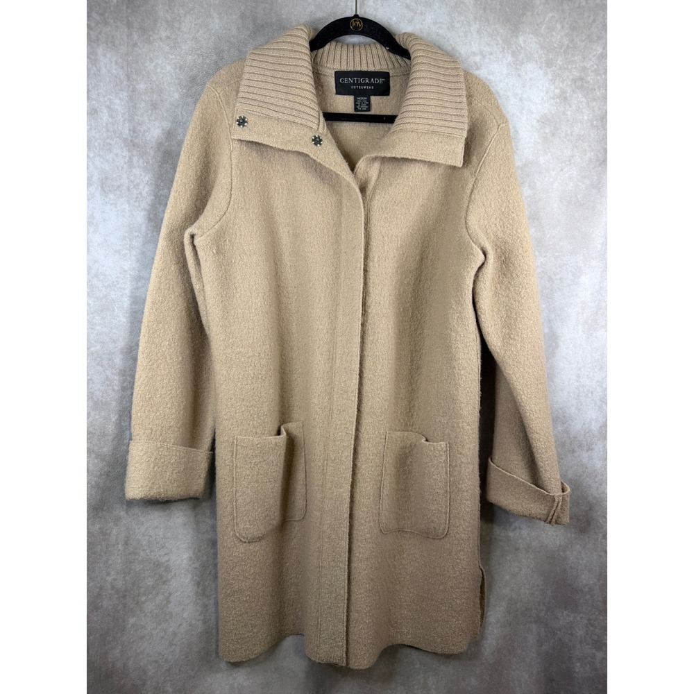 VTG Centigrade Wool Coat Women Medium Tan Beige Ribbed Collar Snap Front Pockets